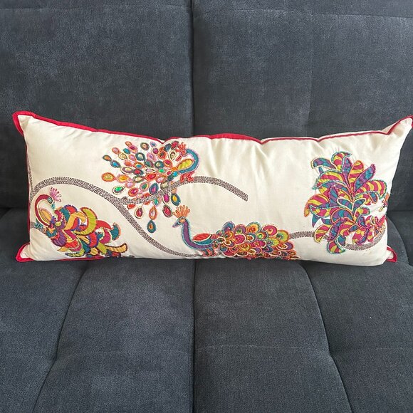 USED Pier 1 Embroidered Peacock Lumbar Pillow - Picture 1 of 4
